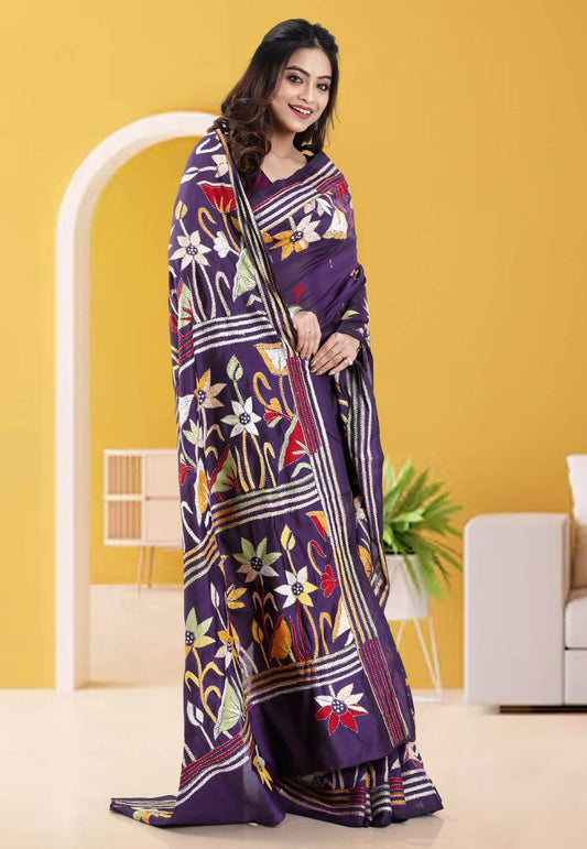 Purple Blended Silk Kantha Saree With Blouse Piece - Adi Akshoy & Co.