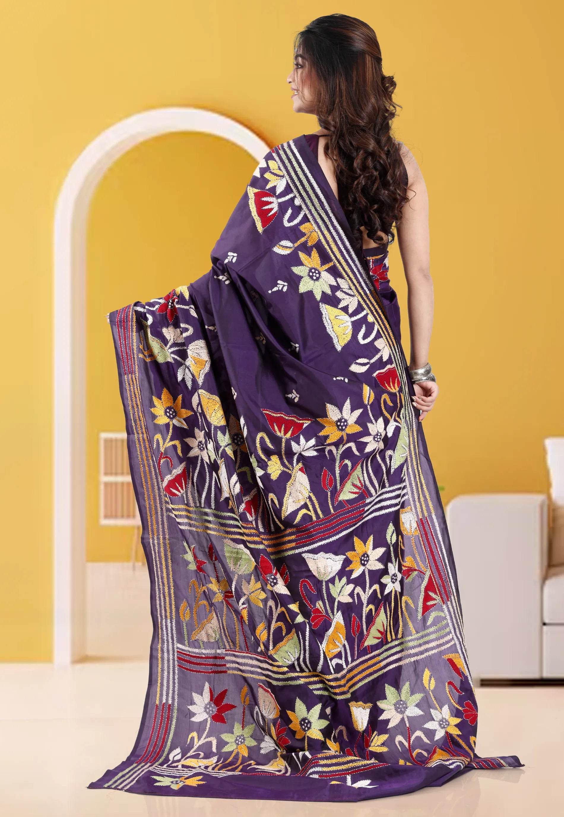 Purple Blended Silk Kantha Saree With Blouse Piece - Adi Akshoy & Co.