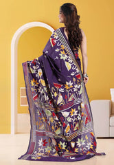 Purple Blended Silk Kantha Saree With Blouse Piece - Adi Akshoy & Co.