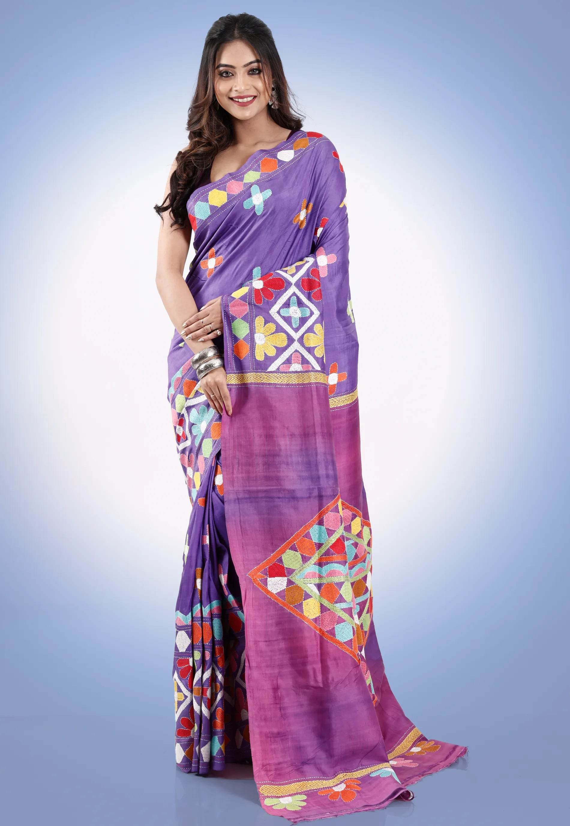 Purple Colour Pure Yussar Silk Kantha Saree With Blouse Piece - Adi Akshoy & Co.