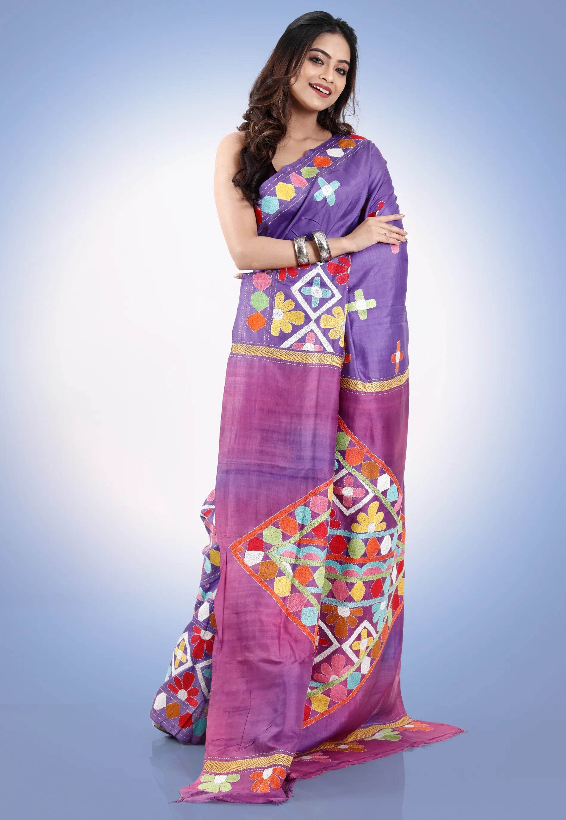 Purple Colour Pure Yussar Silk Kantha Saree With Blouse Piece - Adi Akshoy & Co.