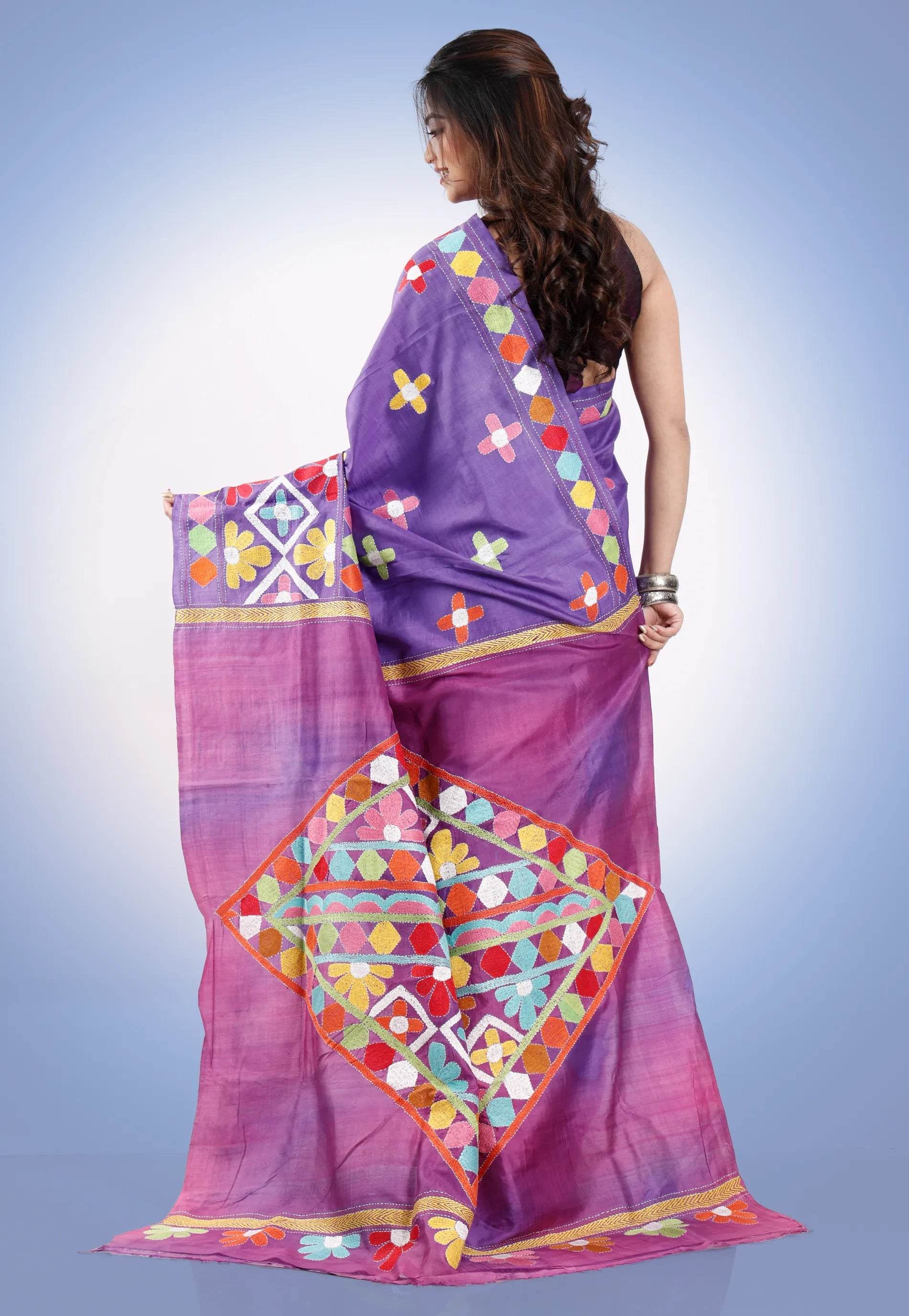 Purple Colour Pure Yussar Silk Kantha Saree With Blouse Piece - Adi Akshoy & Co.