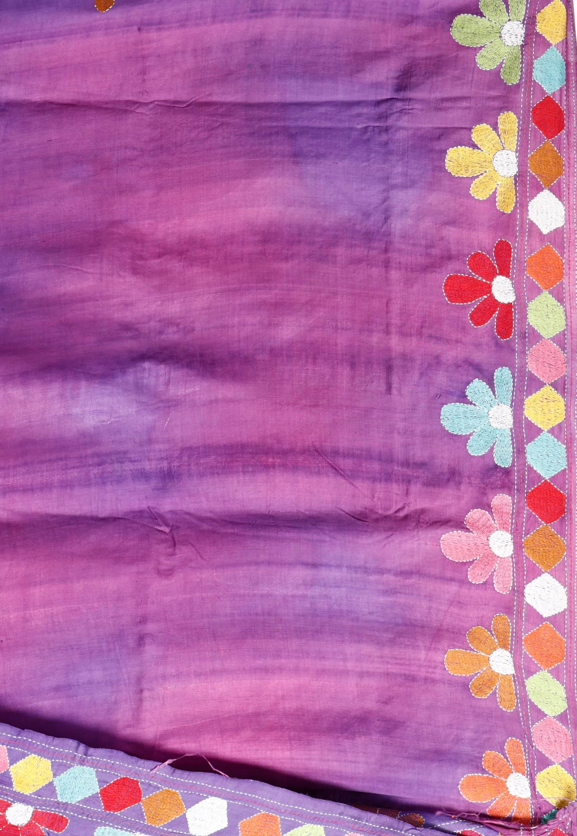 Purple Colour Pure Yussar Silk Kantha Saree With Blouse Piece - Adi Akshoy & Co.