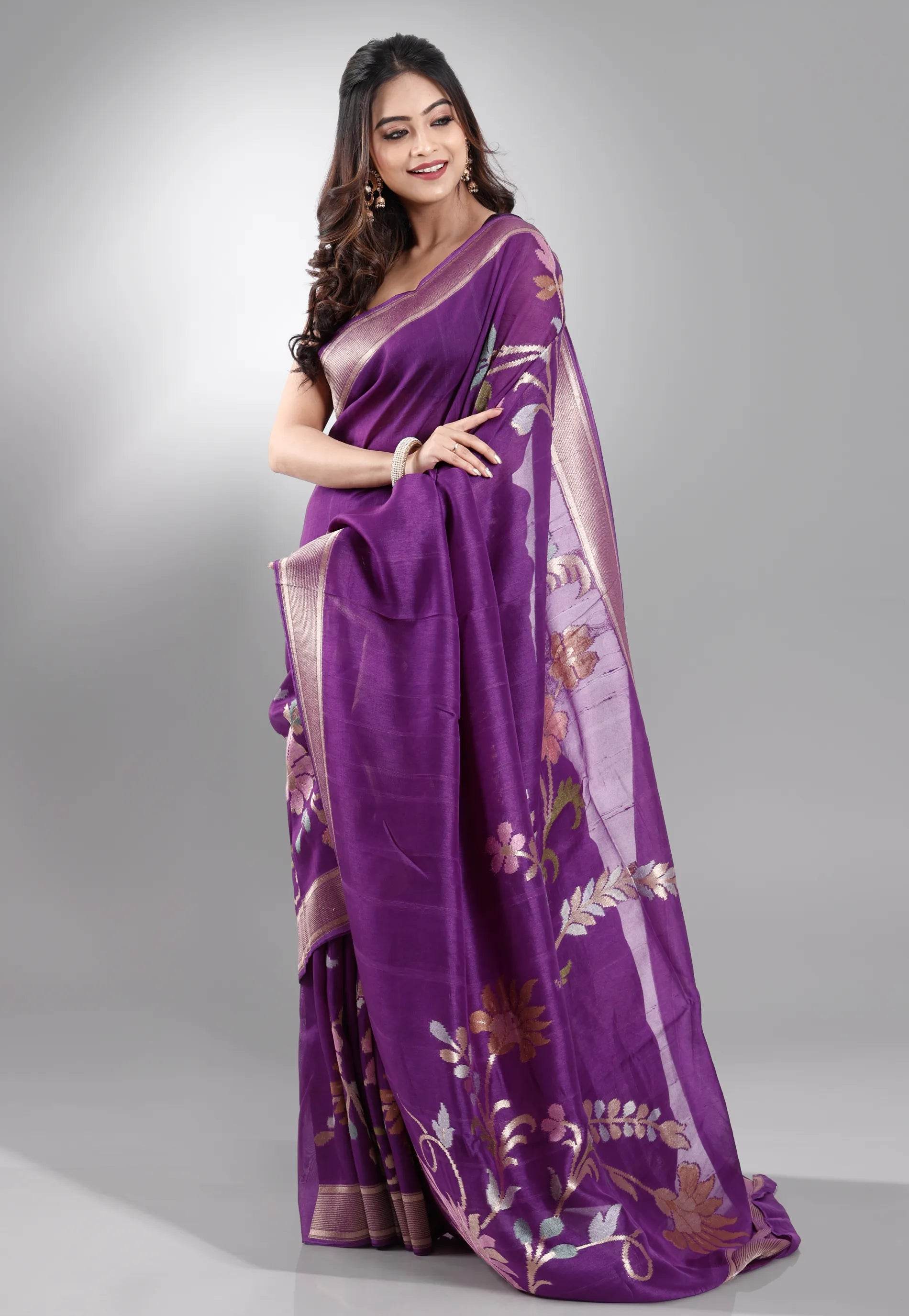 Purple Tussar Silk Saree with Blouse Piece - Adi Akshoy & Co.
