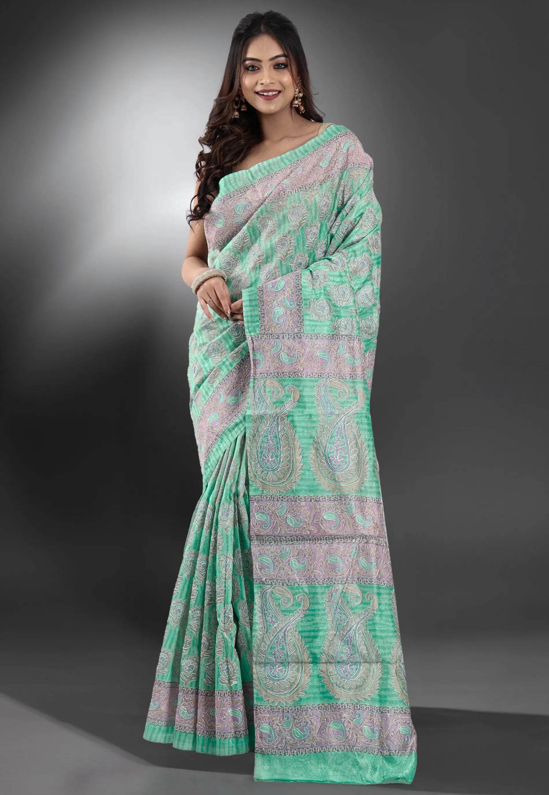 Sky Blue Pure Kantha Silk Saree With Blouse Piece - Adi Akshoy & Co.