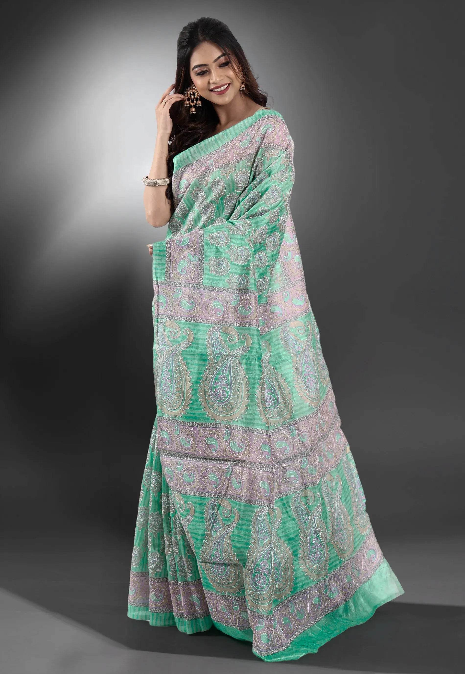 Sky Blue Pure Kantha Silk Saree With Blouse Piece - Adi Akshoy & Co.