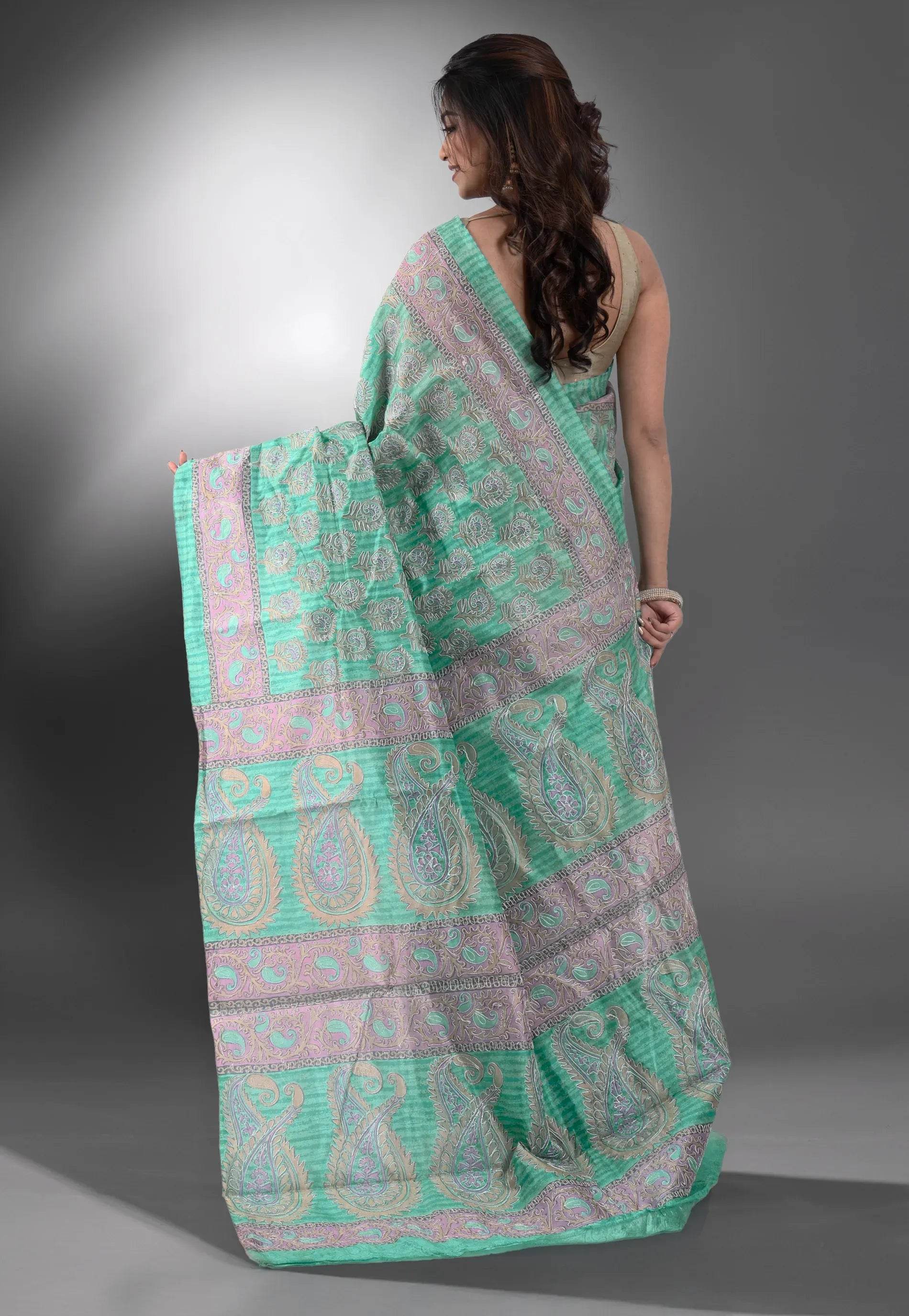 Sky Blue Pure Kantha Silk Saree With Blouse Piece - Adi Akshoy & Co.