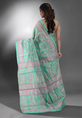 Sky Blue Pure Kantha Silk Saree With Blouse Piece - Adi Akshoy & Co.