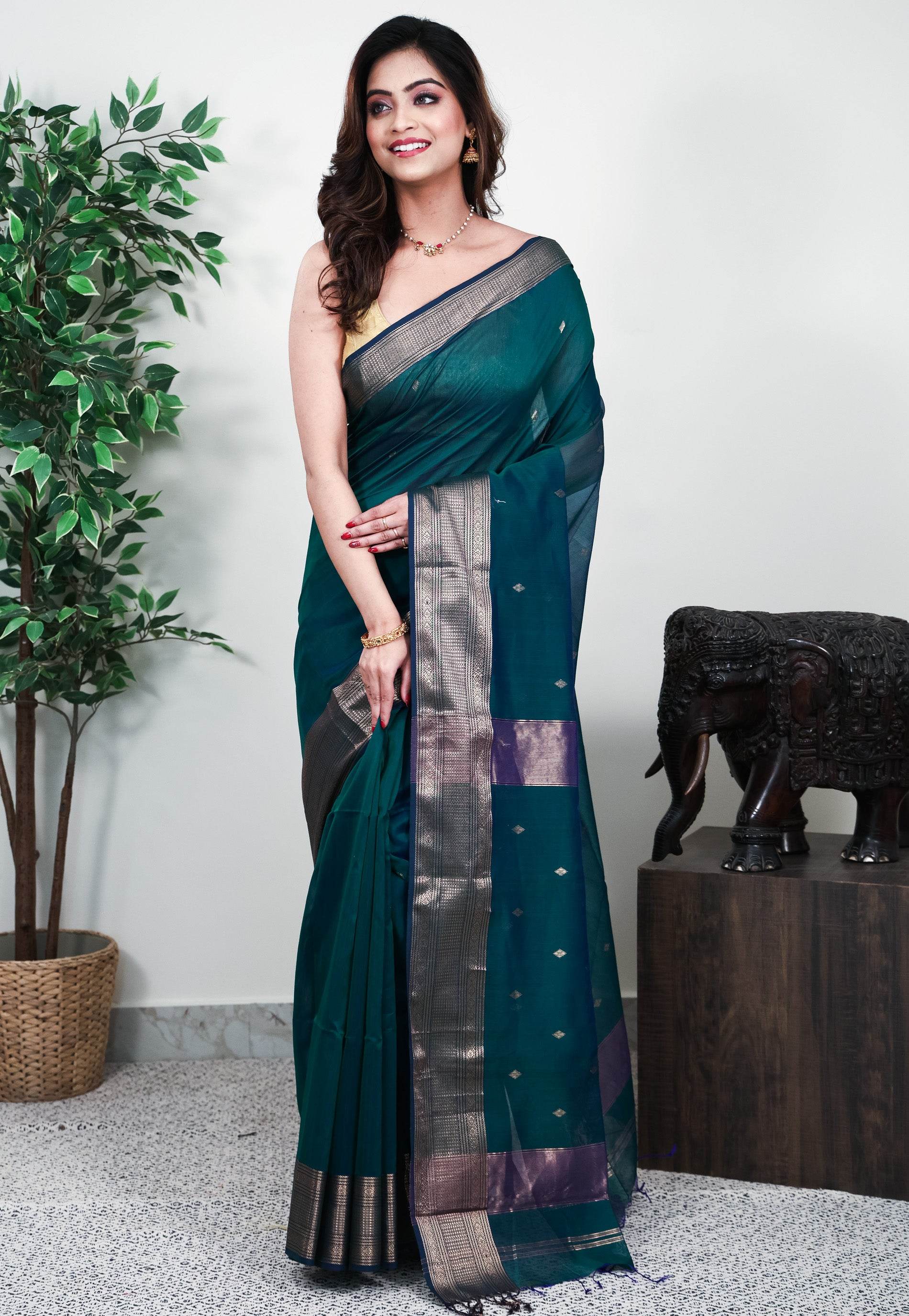 Peacock Blue Sico Handloom Saree With Blouse Piece - Adi Akshoy & Co.