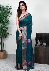 Peacock Blue Sico Handloom Saree With Blouse Piece - Adi Akshoy & Co.