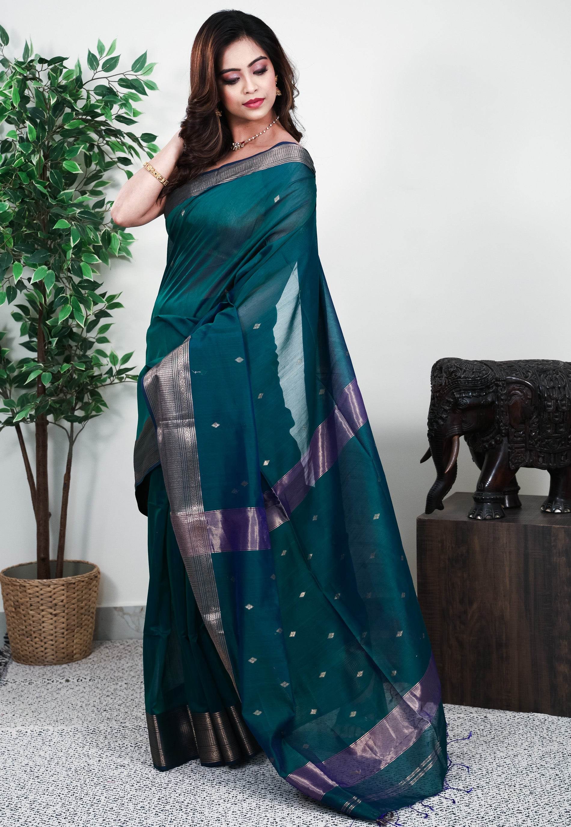Peacock Blue Sico Handloom Saree With Blouse Piece - Adi Akshoy & Co.