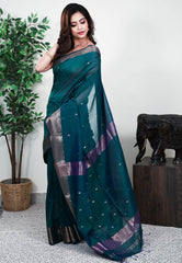 Peacock Blue Sico Handloom Saree With Blouse Piece - Adi Akshoy & Co.