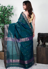 Peacock Blue Sico Handloom Saree With Blouse Piece - Adi Akshoy & Co.