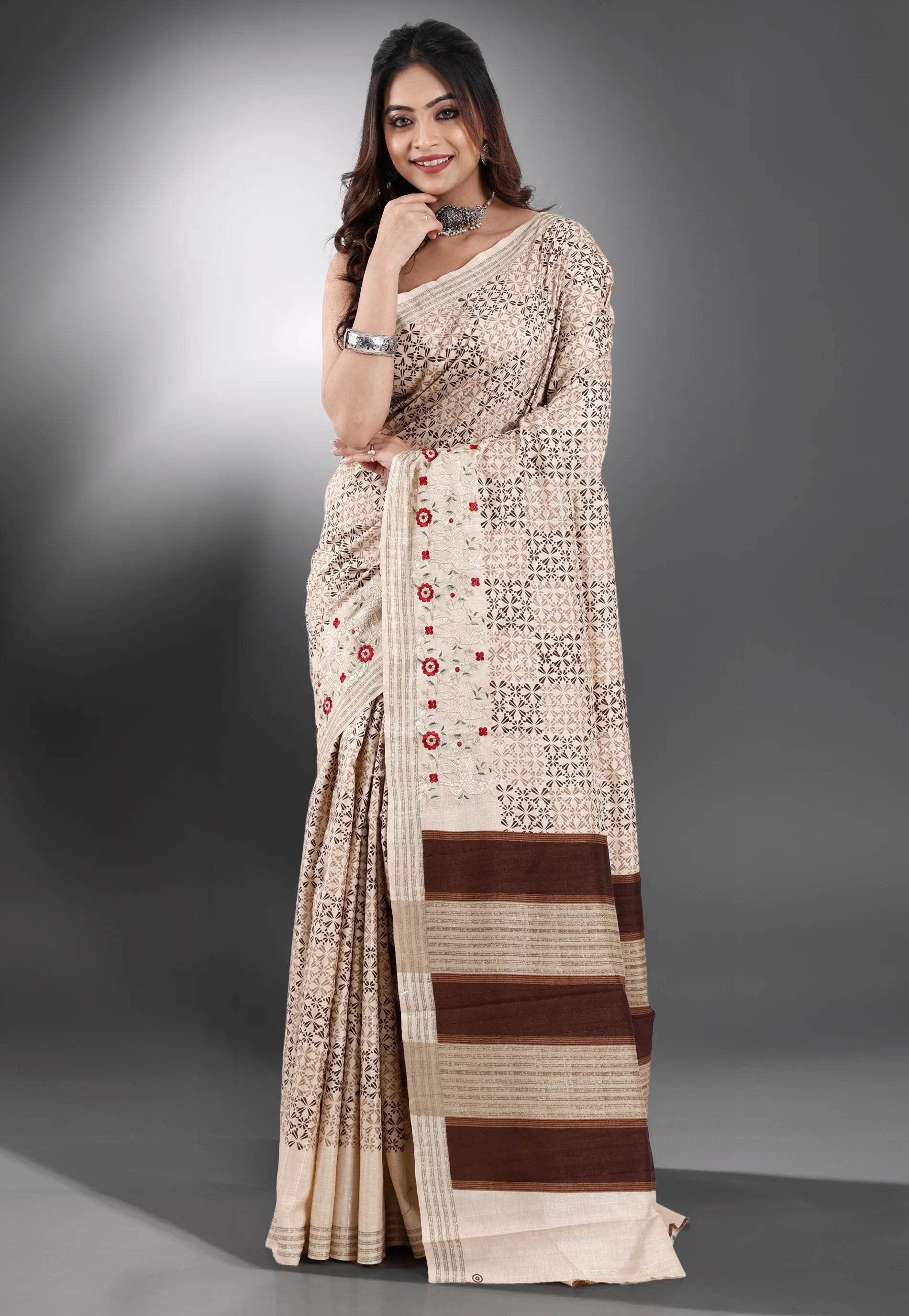 Tussar Colour Tussar Silk with Embroidery work Saree with Blouse Piece - Adi Akshoy & Co.