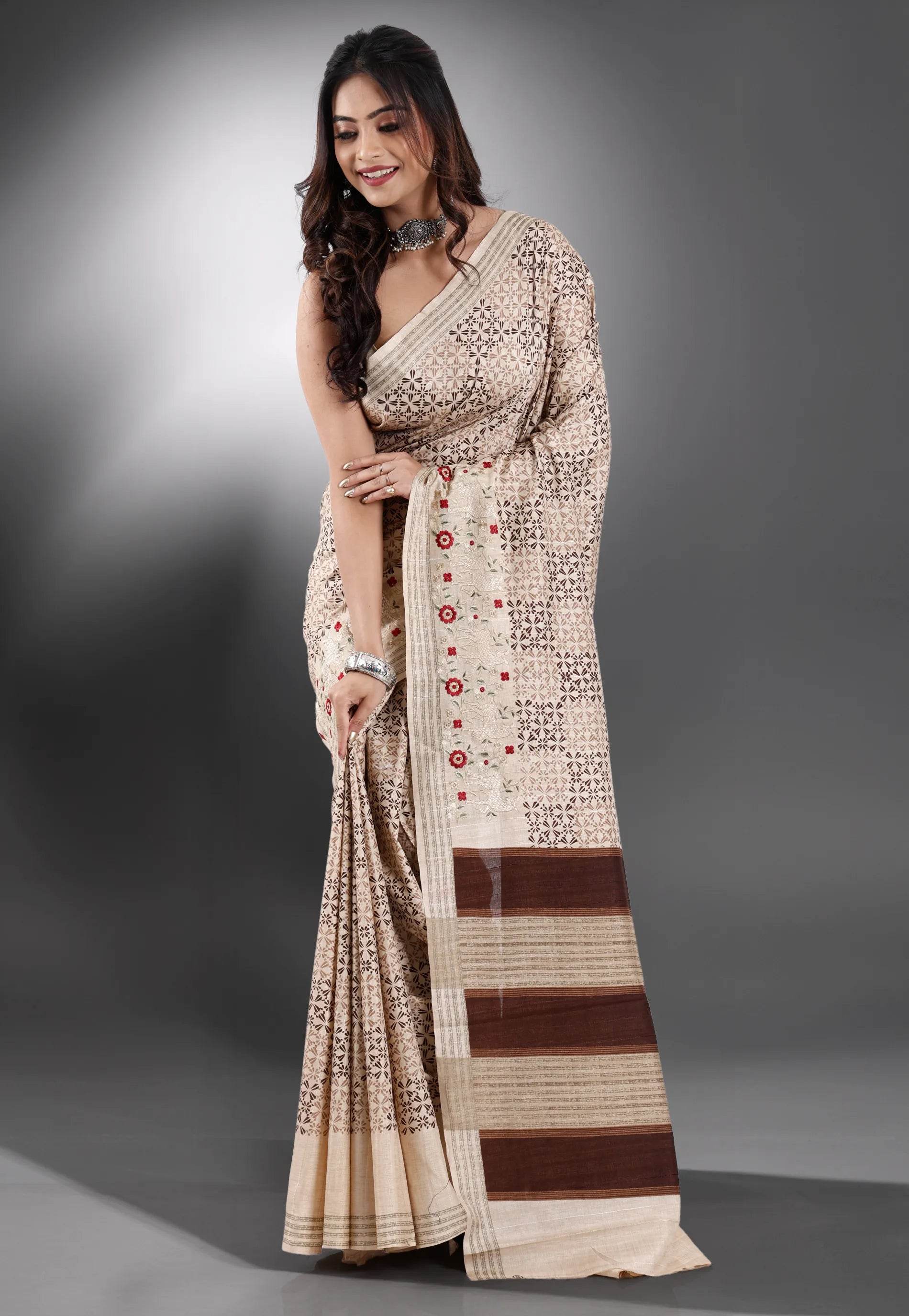 Tussar Colour Tussar Silk with Embroidery work Saree with Blouse Piece - Adi Akshoy & Co.