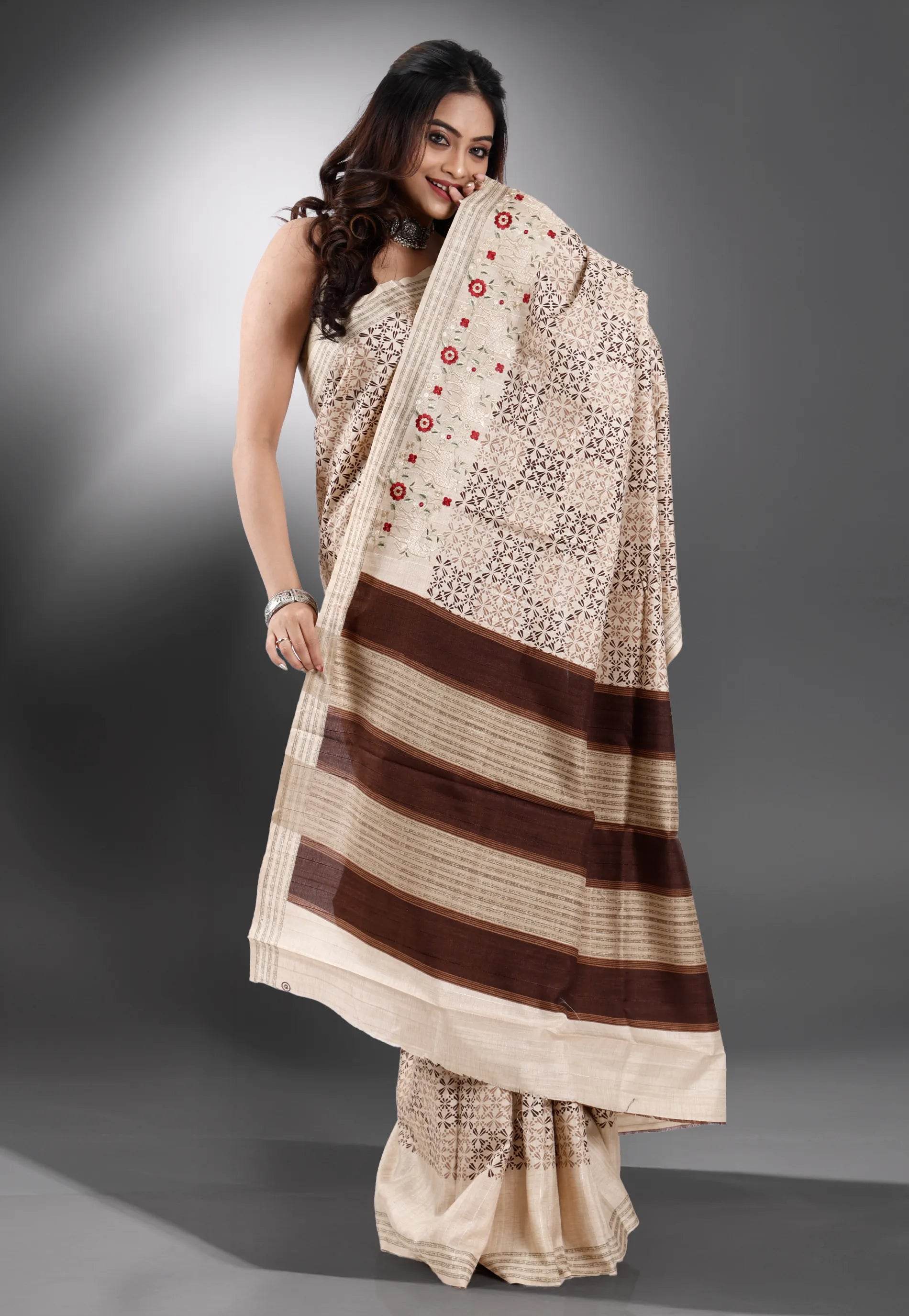 Tussar Colour Tussar Silk with Embroidery work Saree with Blouse Piece - Adi Akshoy & Co.
