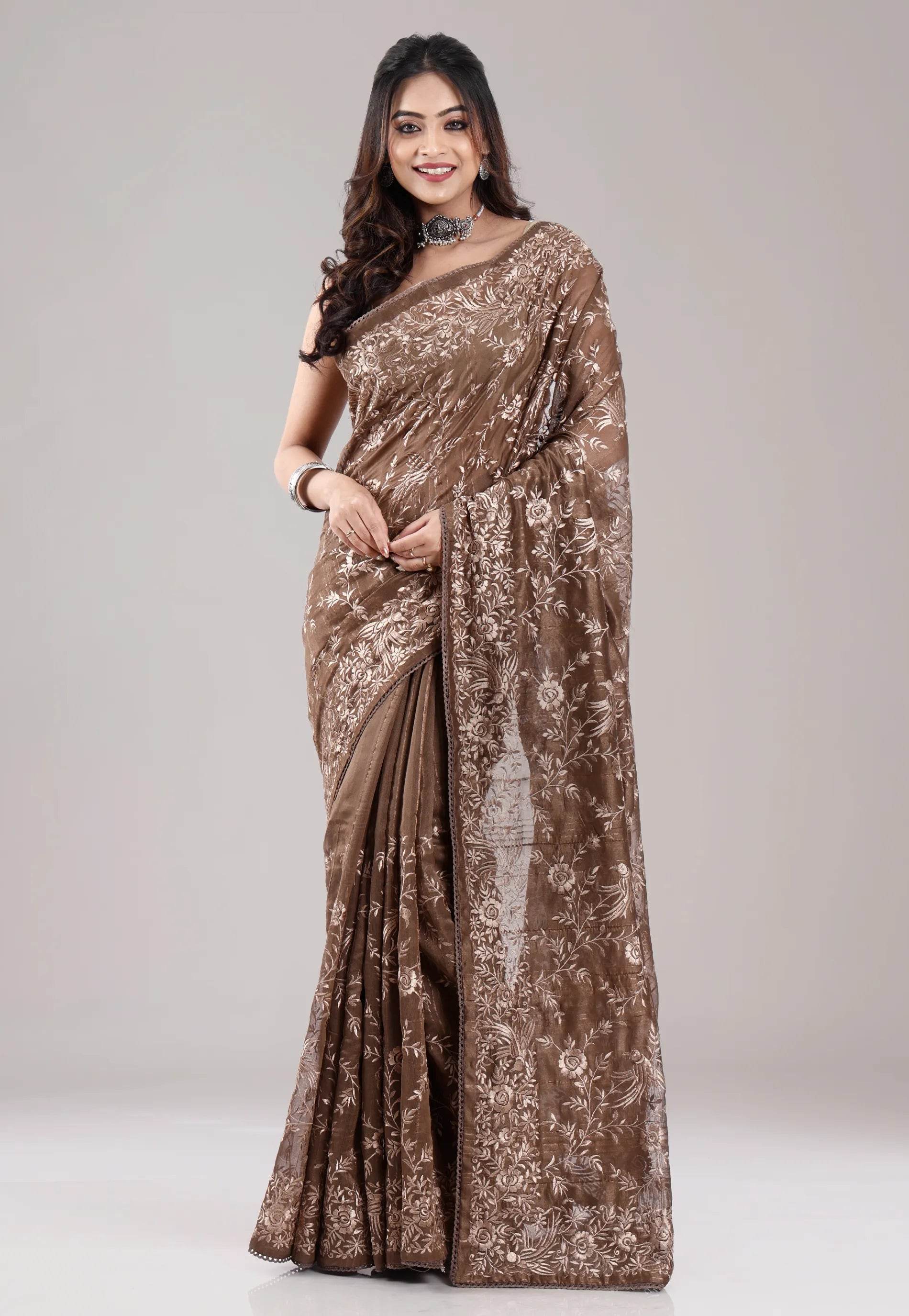 Brown Tussar Silk with Embroidery Work Saree with Blouse Piece - Adi Akshoy & Co.