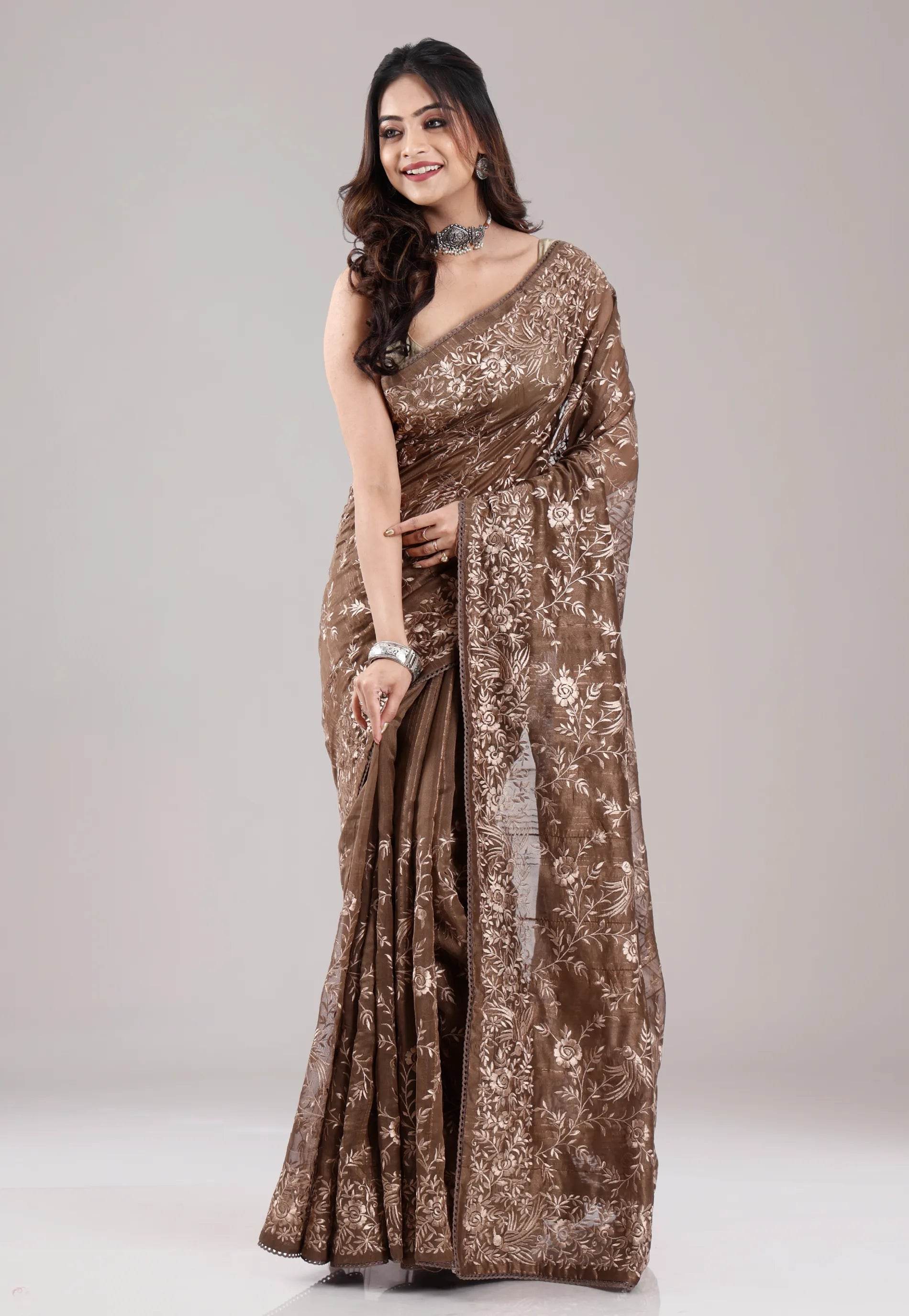 Brown Tussar Silk with Embroidery Work Saree with Blouse Piece - Adi Akshoy & Co.