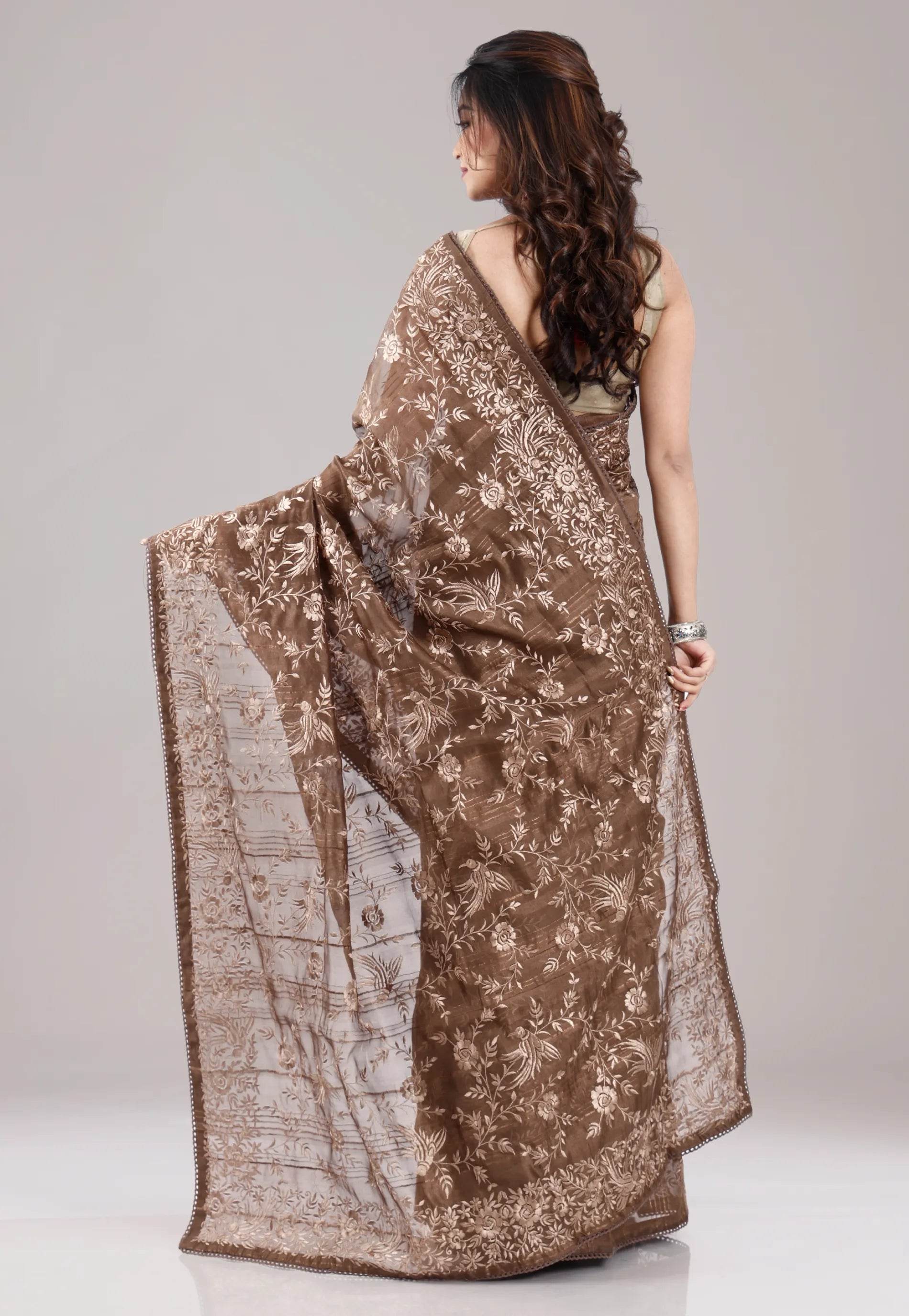 Brown Tussar Silk with Embroidery Work Saree with Blouse Piece - Adi Akshoy & Co.