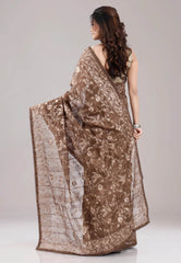 Brown Tussar Silk with Embroidery Work Saree with Blouse Piece - Adi Akshoy & Co.