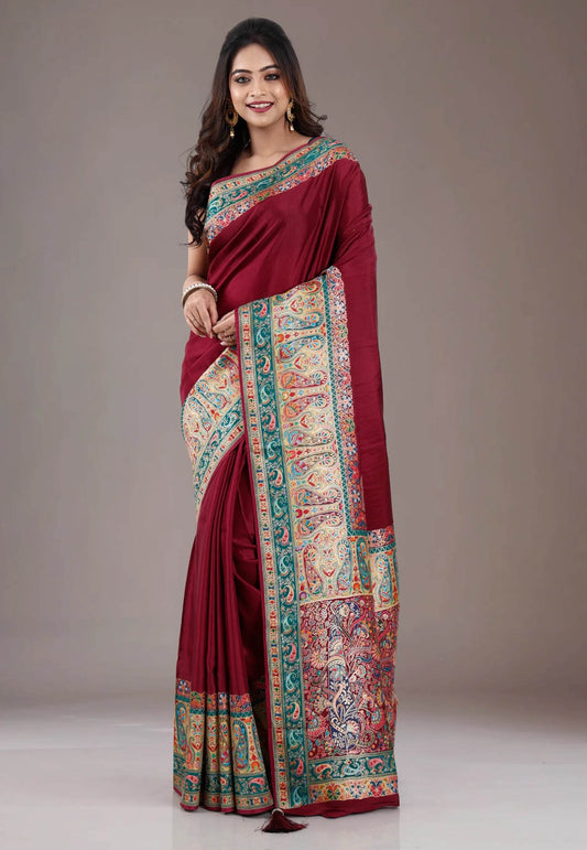 Maroon Kani Silk Saree With Blouse Piece - Adi Akshoy & Co.