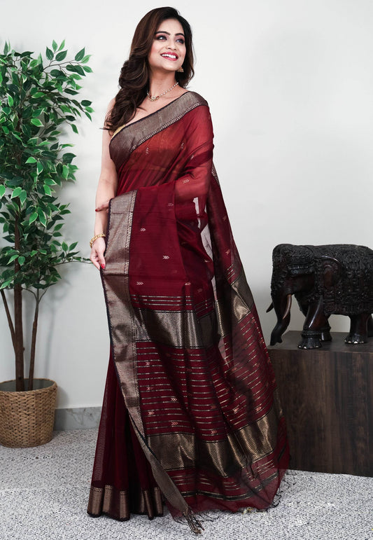 Maroon Sico Handloom Saree With Blouse Piece - Adi Akshoy & Co.