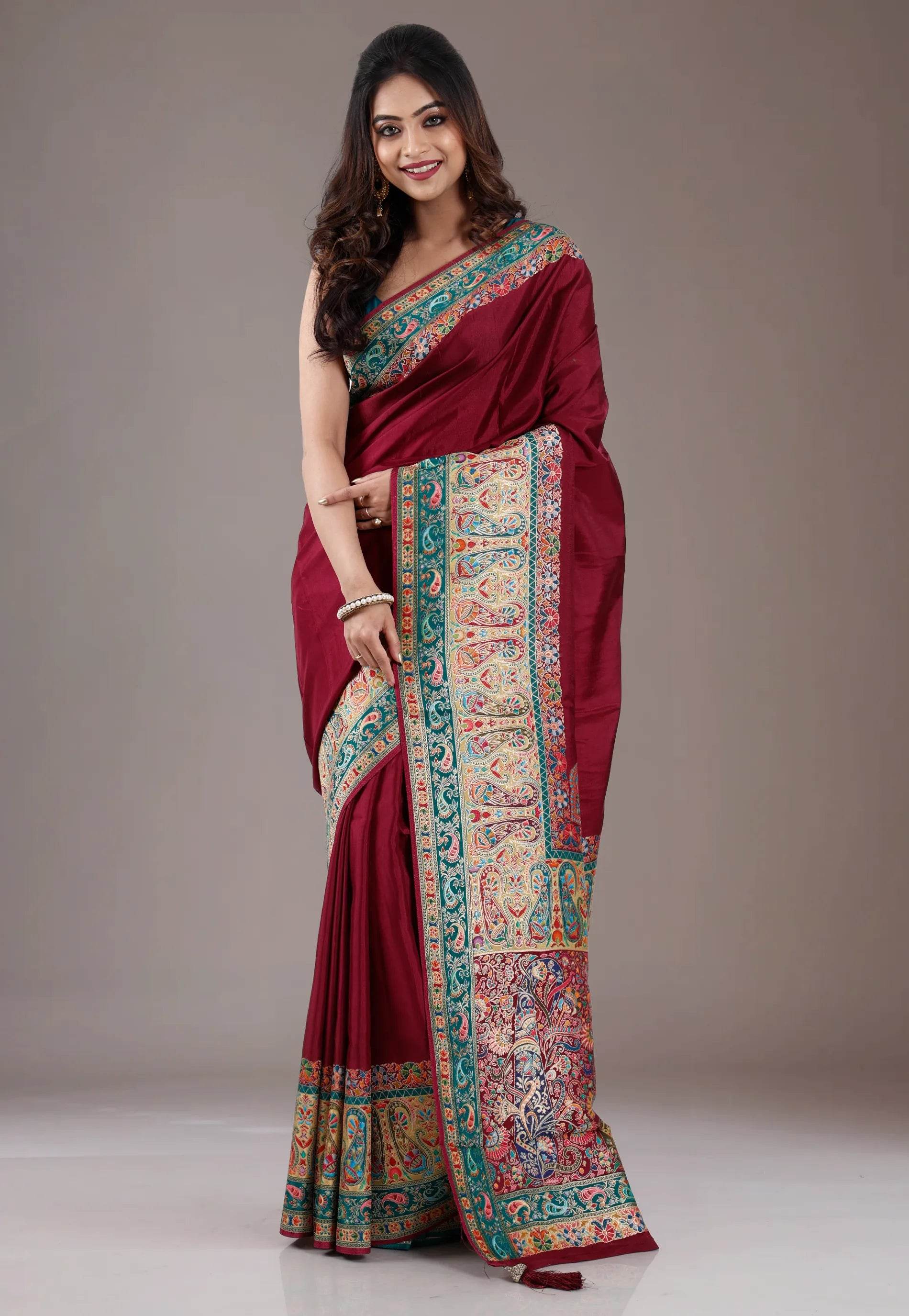 Maroon Kani Silk Saree With Blouse Piece - Adi Akshoy & Co.