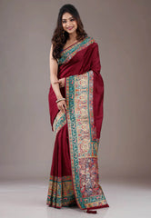 Maroon Kani Silk Saree With Blouse Piece - Adi Akshoy & Co.