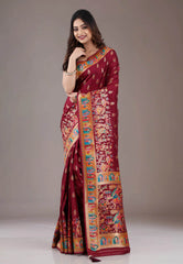 Maroon Kani Silk Saree With Blouse Piece - Adi Akshoy & Co.