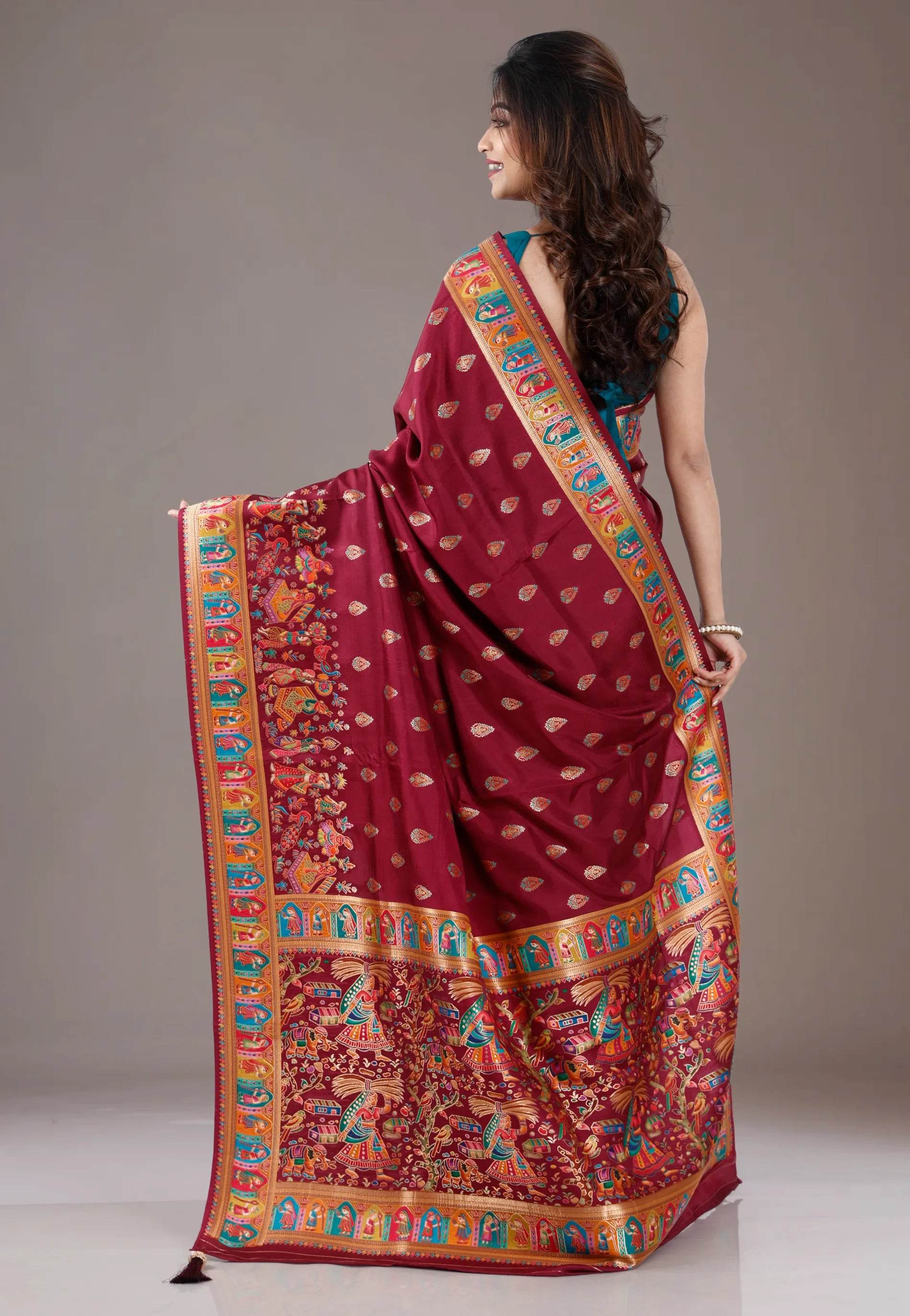 Maroon Kani Silk Saree With Blouse Piece - Adi Akshoy & Co.