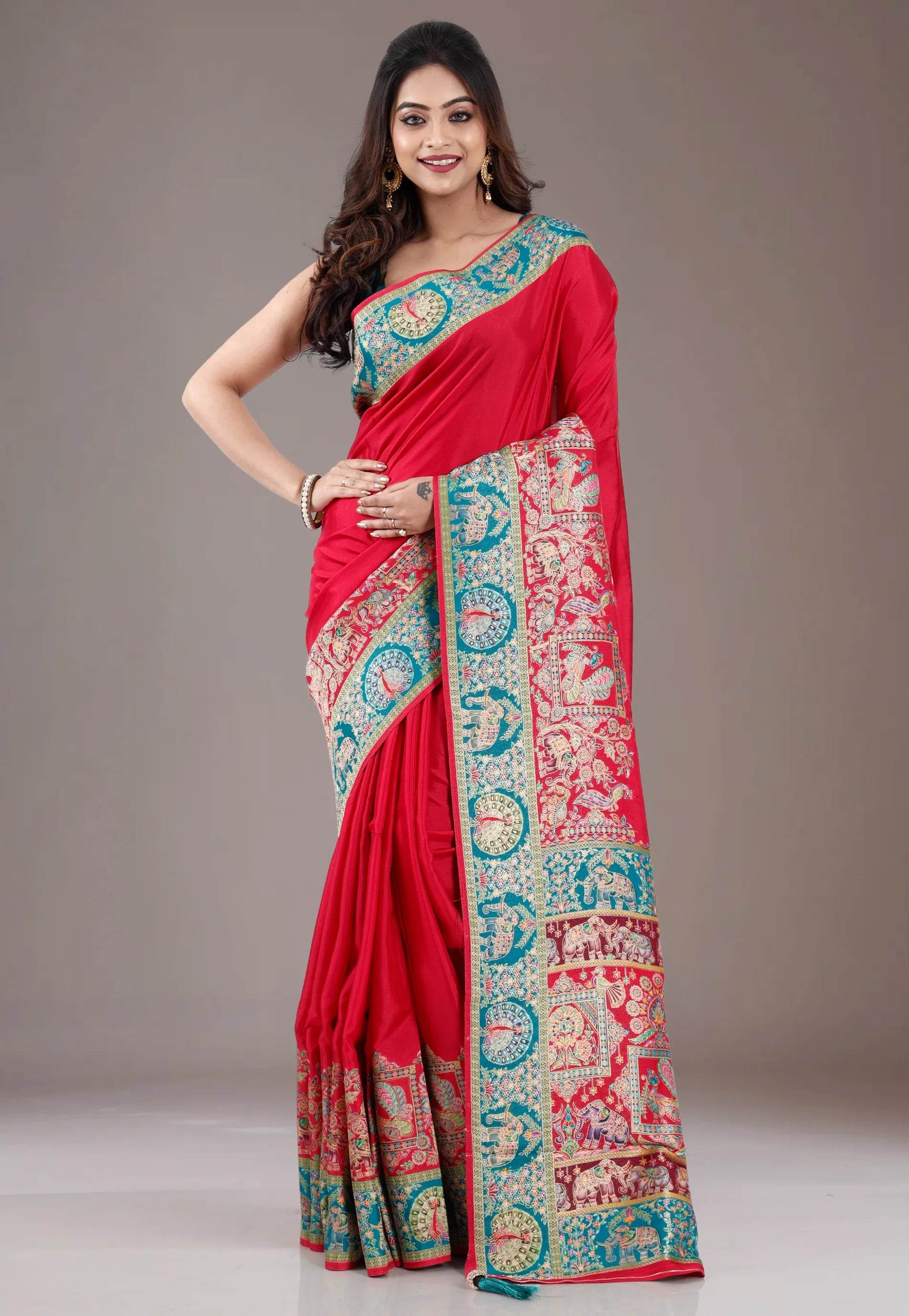 Red Kani Silk Saree With Blouse Piece - Adi Akshoy & Co.