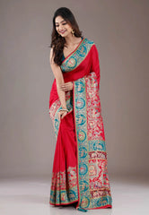 Red Kani Silk Saree With Blouse Piece - Adi Akshoy & Co.