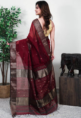 Maroon Sico Handloom Saree With Blouse Piece - Adi Akshoy & Co.