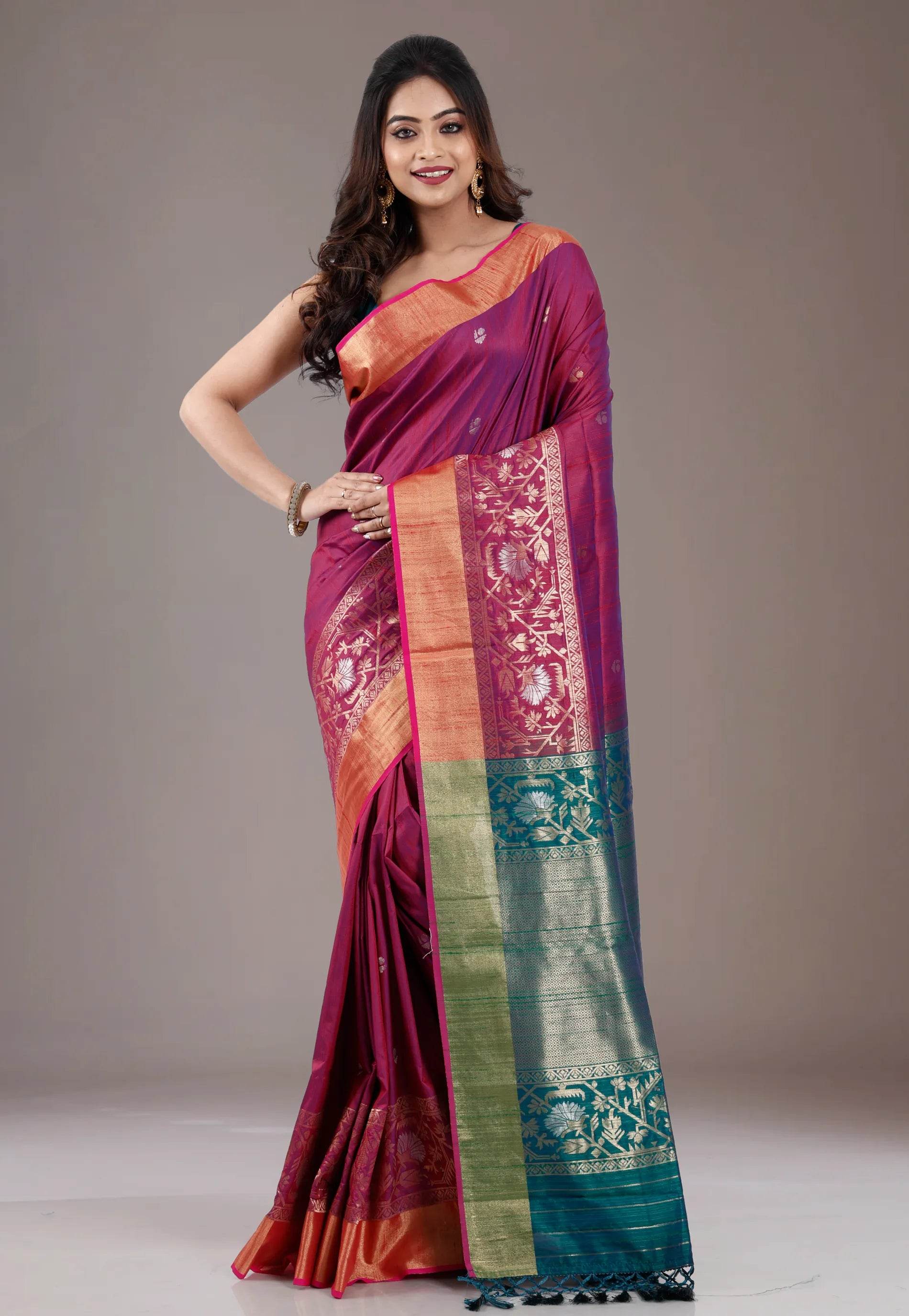 Cross Purple Tussar Silk Saree with Blouse Piece - Adi Akshoy & Co.