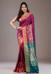 Cross Purple Tussar Silk Saree with Blouse Piece - Adi Akshoy & Co.