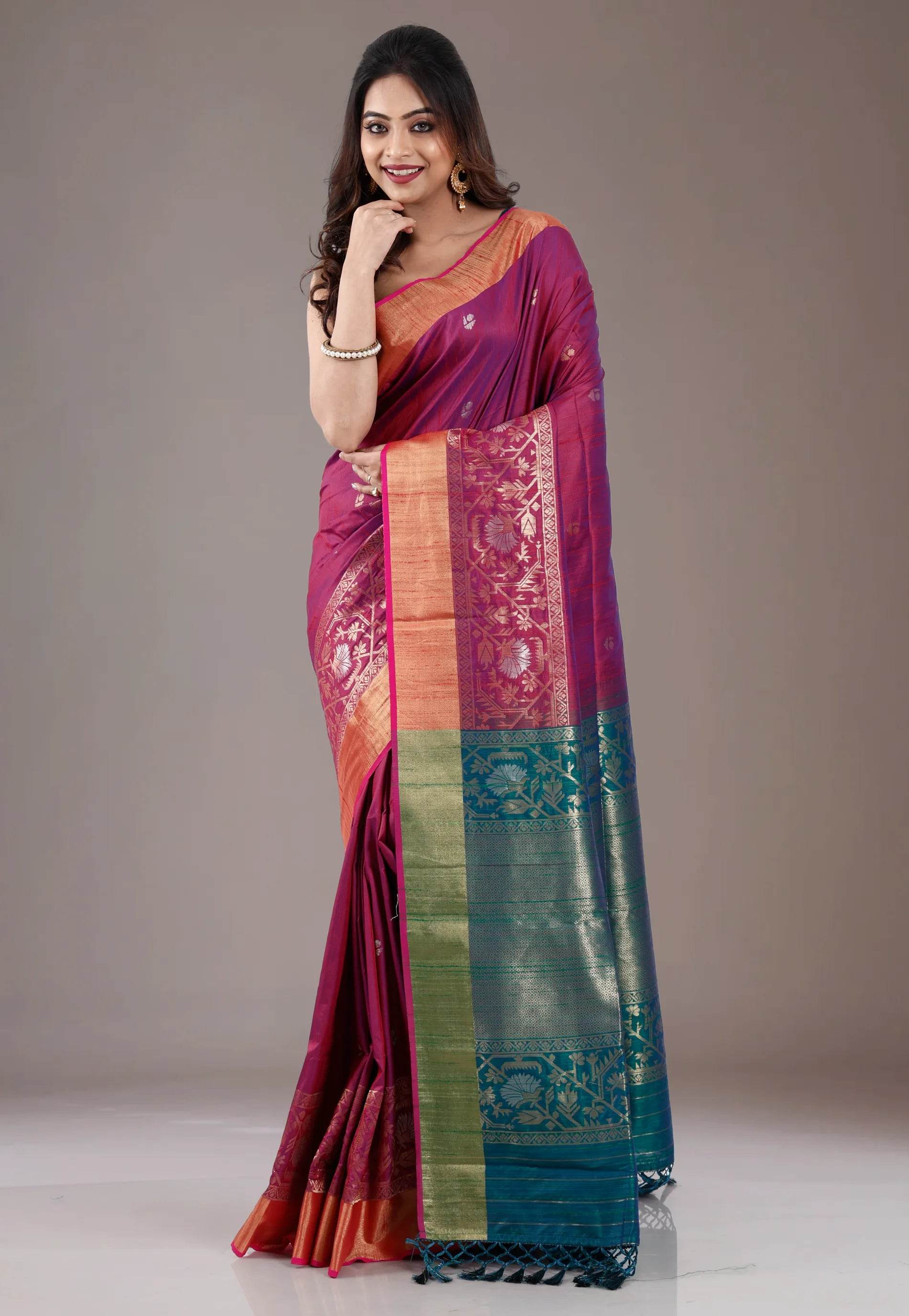 Cross Purple Tussar Silk Saree with Blouse Piece - Adi Akshoy & Co.