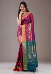 Cross Purple Tussar Silk Saree with Blouse Piece - Adi Akshoy & Co.