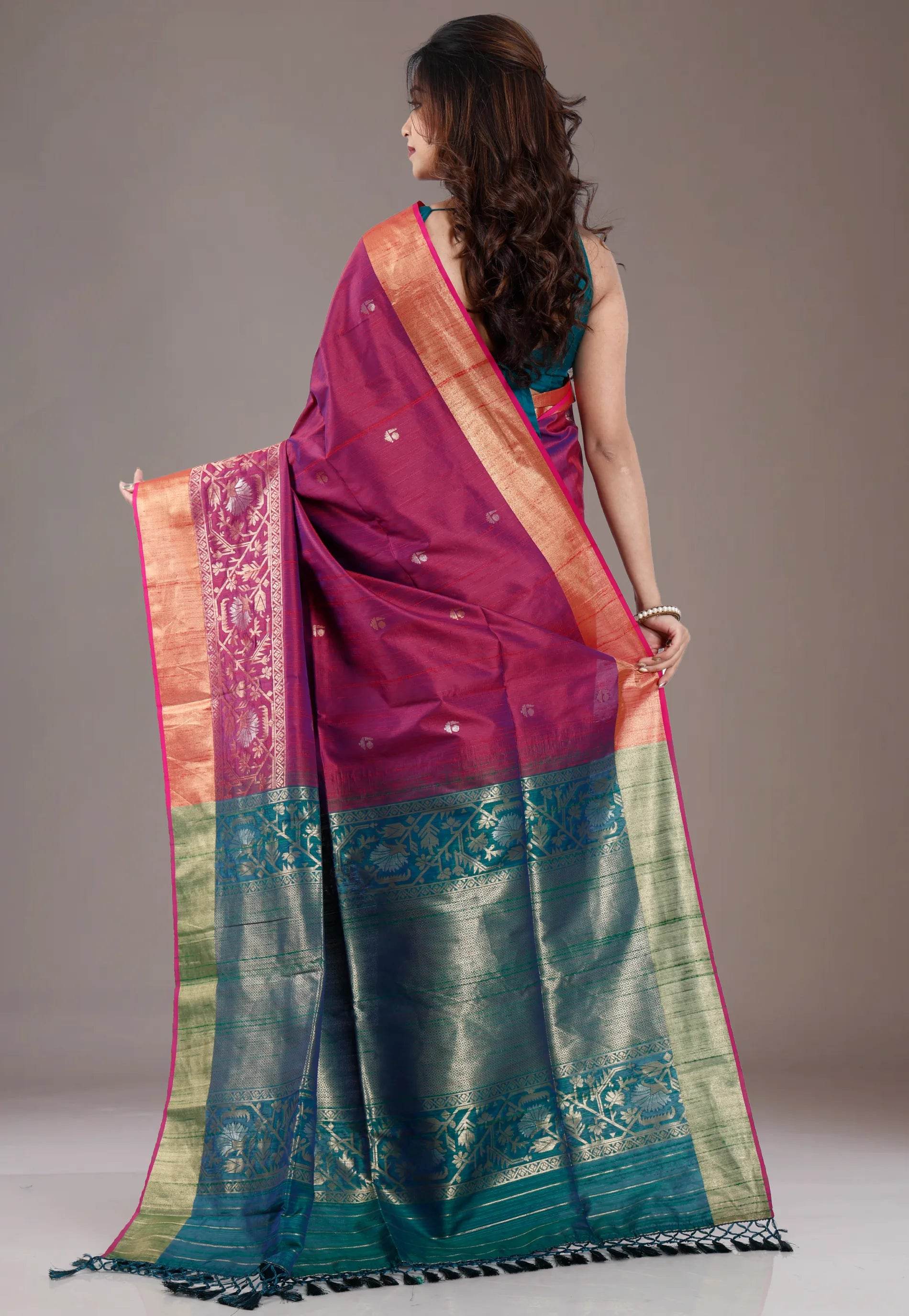 Cross Purple Tussar Silk Saree with Blouse Piece - Adi Akshoy & Co.