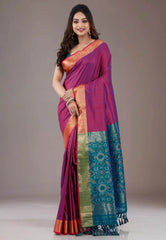 Magenta Ikkat Silk Saree With Blouse Piece - Adi Akshoy & Co.
