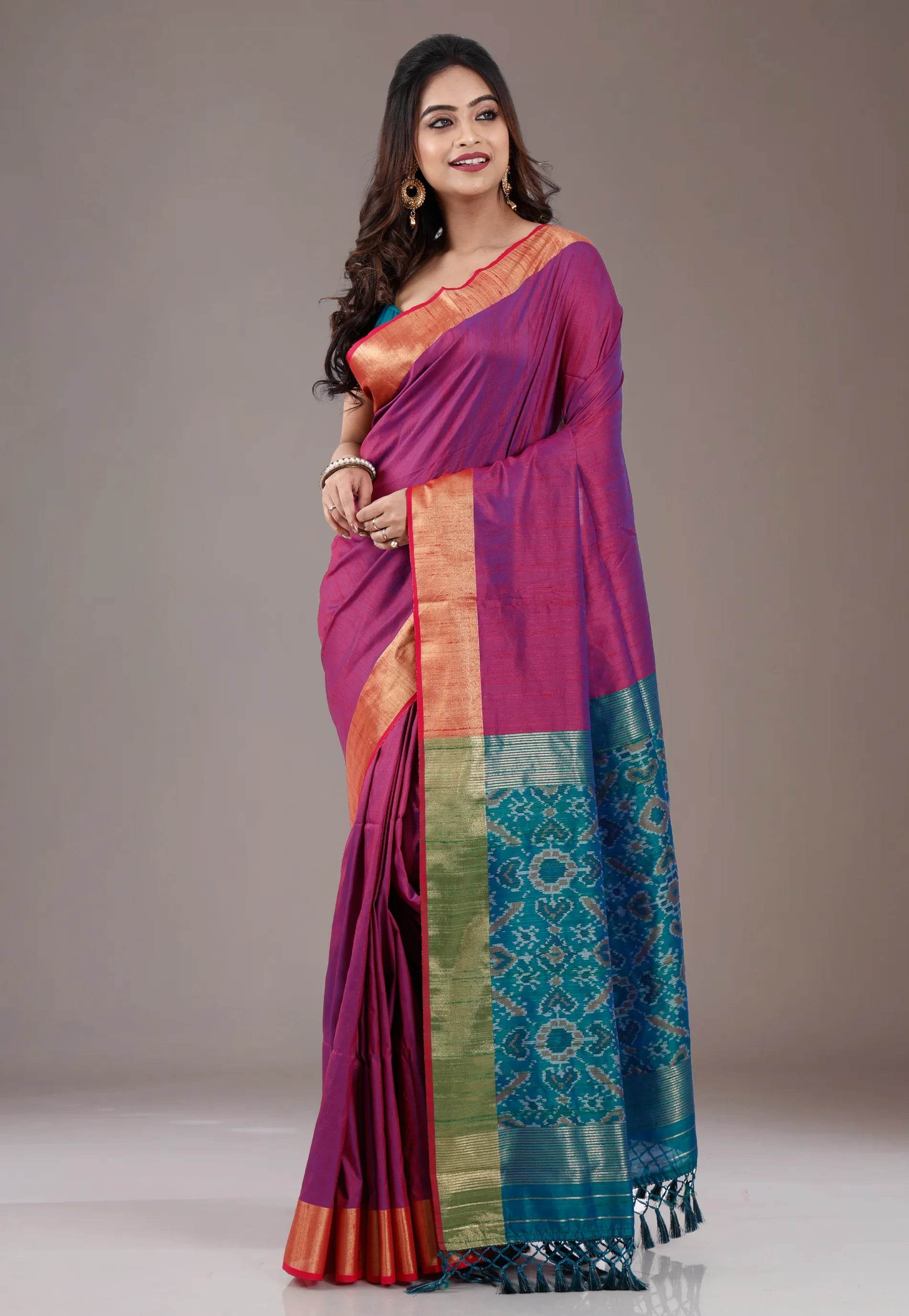 Magenta Ikkat Silk Saree With Blouse Piece - Adi Akshoy & Co.