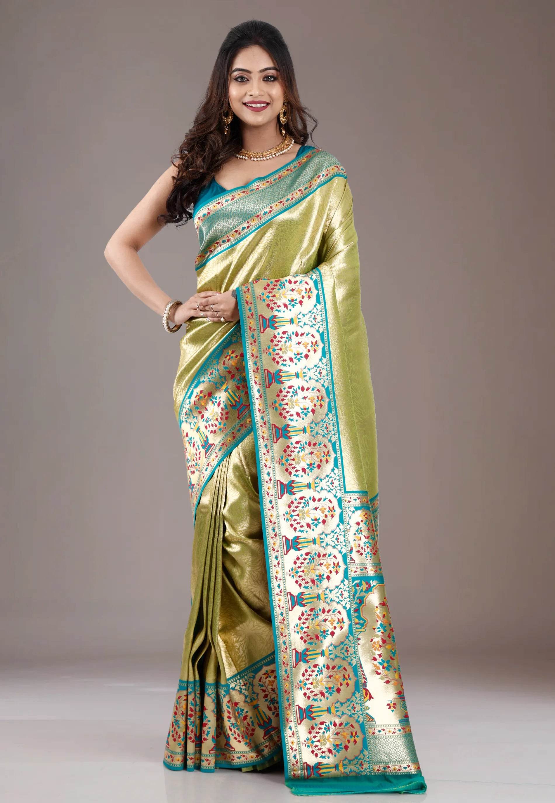 Green Brocade with Rama Green Border Tissue Kanjivaram Silk Saree With Blouse Piece - Adi Akshoy & Co.