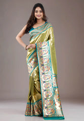 Green Brocade with Rama Green Border Tissue Kanjivaram Silk Saree With Blouse Piece - Adi Akshoy & Co.