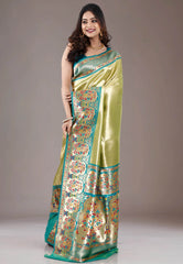 Green Brocade with Rama Green Border Tissue Kanjivaram Silk Saree With Blouse Piece - Adi Akshoy & Co.