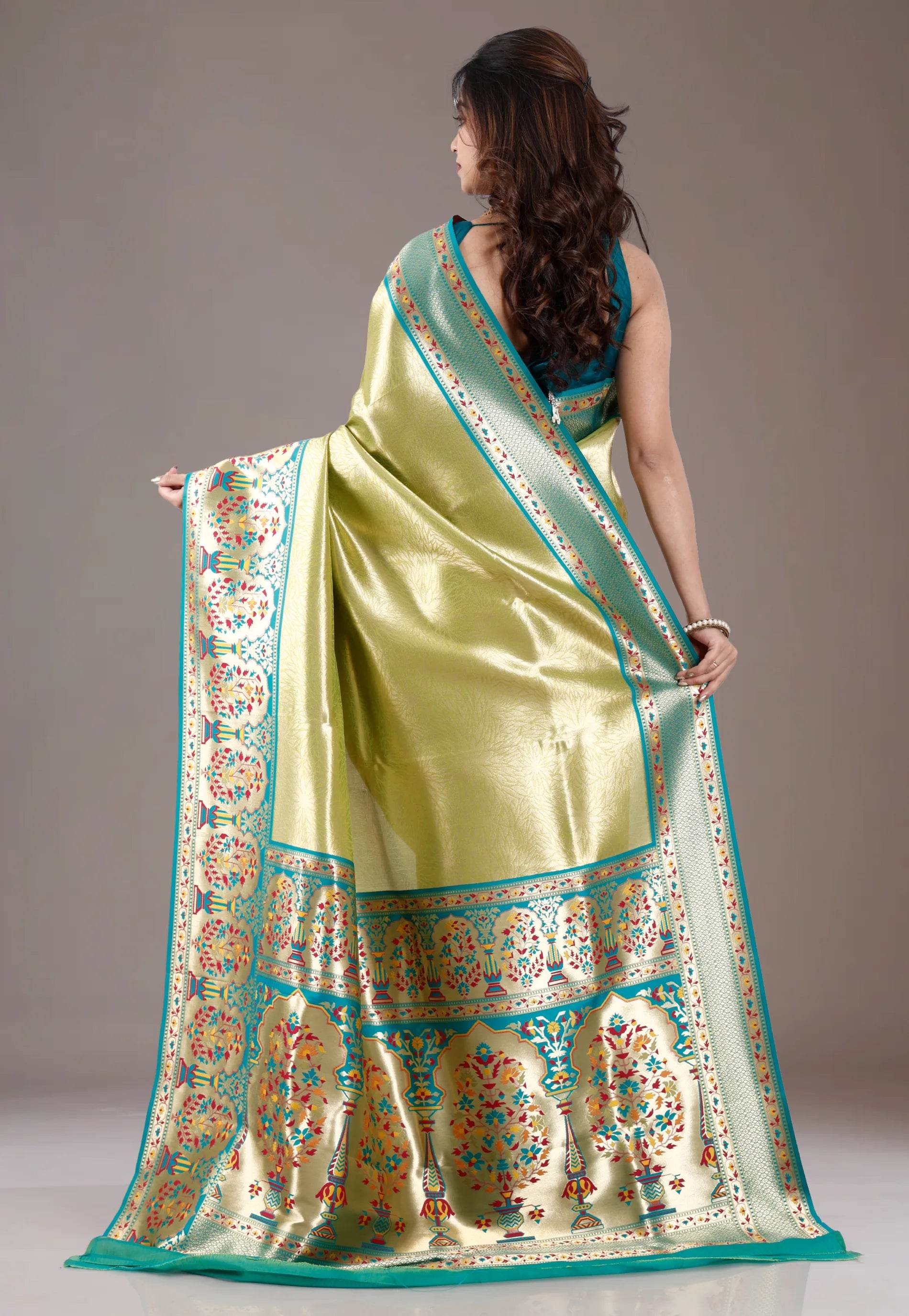 Green Brocade with Rama Green Border Tissue Kanjivaram Silk Saree With Blouse Piece - Adi Akshoy & Co.