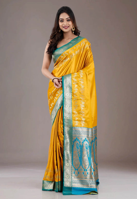 Mustard with Rama Green Border Mashru Silk Saree with Blouse Piece - Adi Akshoy & Co.