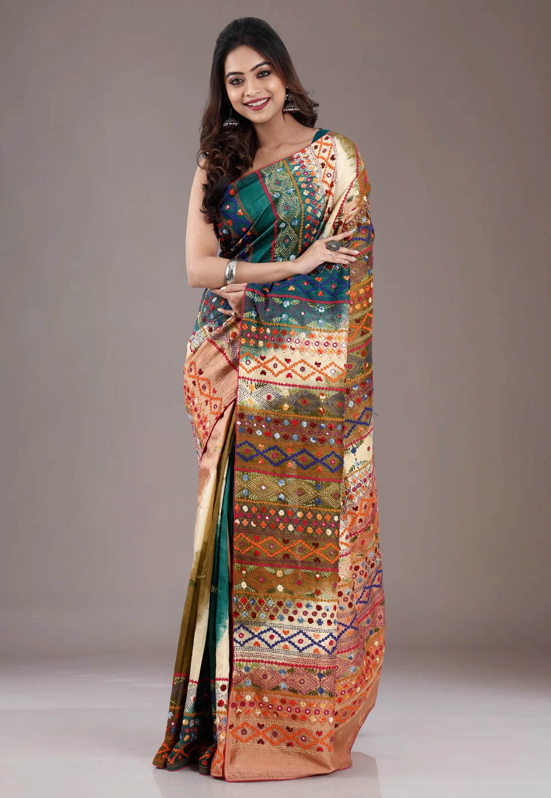 Shaded Colour Pure Tussar Silk Kantha Saree With Blouse Piece - Adi Akshoy & Co.