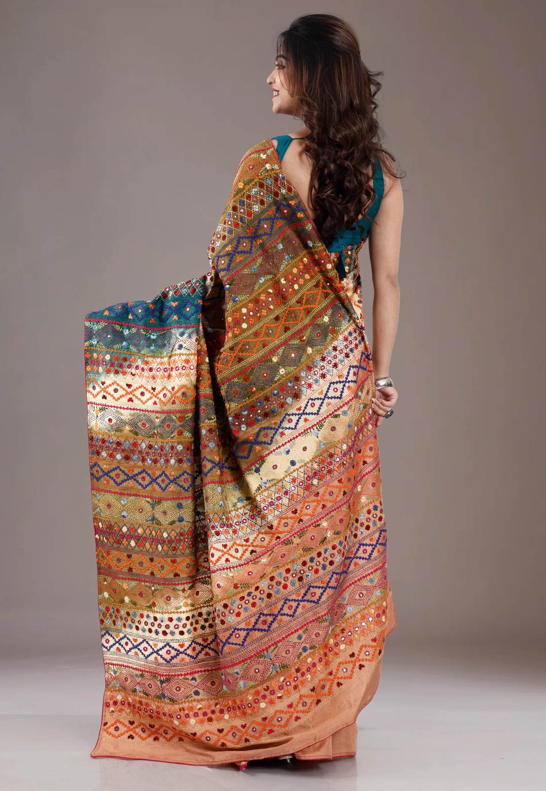 Shaded Colour Pure Tussar Silk Kantha Saree With Blouse Piece - Adi Akshoy & Co.