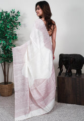 White Matka Handloom Pure Silk Saree With Blouse Piece - Adi Akshoy & Co.