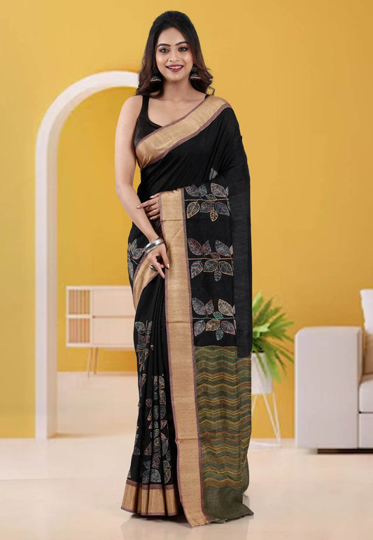 Black Tussar Silk with Embroidery Work Saree with Blouse Piece - Adi Akshoy & Co.