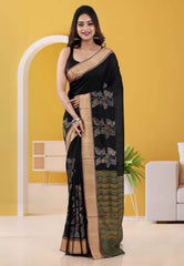 Black Tussar Silk with Embroidery Work Saree with Blouse Piece - Adi Akshoy & Co.